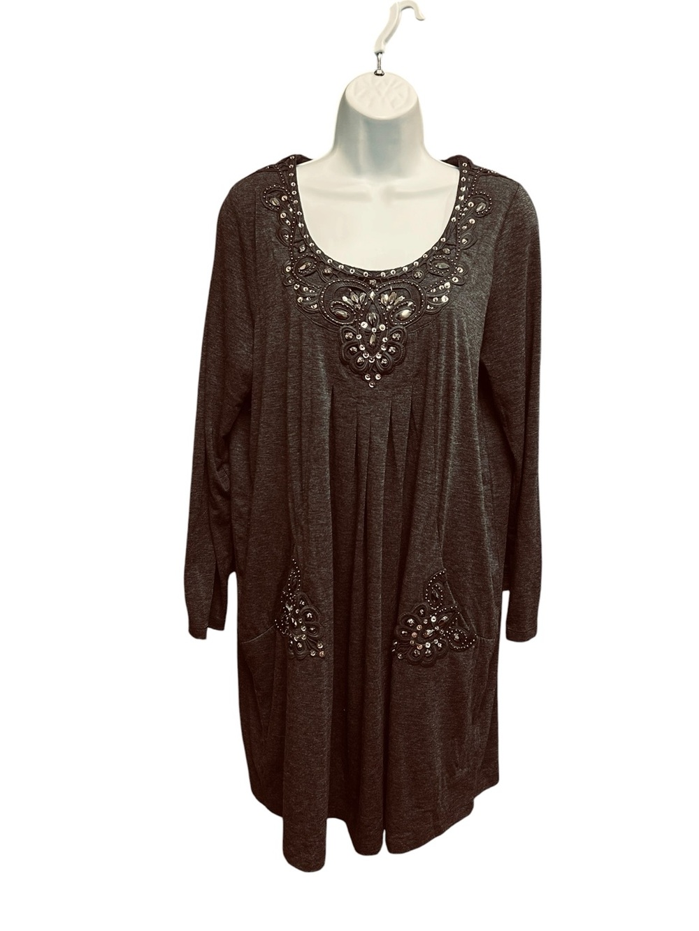 Together Grey Embellished Bling Tunic Dress Pockets Size M